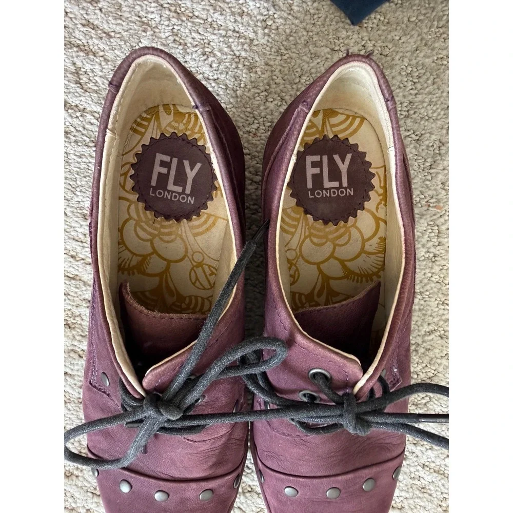 Fly London Yoti Plum Nubuck Studded Wedge Oxfords 38 US 7.5-8 Artisan